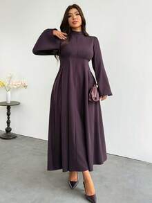 Firerie Vestido de talla grande elegante tradicional casual formal para ir al trabajo de unicolor con mangas acampanadas para el Día del Maestro, boda, cumpleaños, invitada de boda, color púrpura oscuro, otoño - Café integral - Ver 3