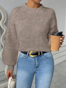 SHEIN 女款秋冬新款混色駱駝色圓領針織毛衣，優雅休閒寬鬆落肩燈籠袖套頭衫，適合日常穿著與街頭風 - 駝色 - 查看 8