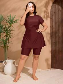 Swim Mulvari Plus Size Women Burkini Set, Ruched Side Tankini Swimwear, Slate Blue - Burgundy - View 5