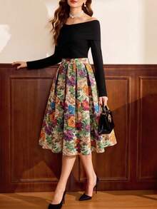 Falda plisada de jacquard elegante para mujer - Albaricoque - Ver 2