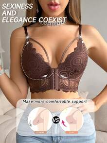SHEIN 1 pieza Lencería romántica con cierre frontal de encaje - Café integral - Ver 4