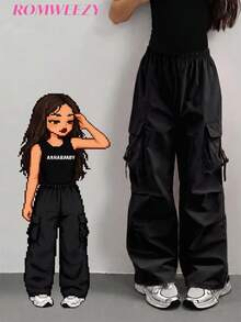 Teen Girls' Fashionable Versatile Solid Color Cargo Pants - Black - View 1