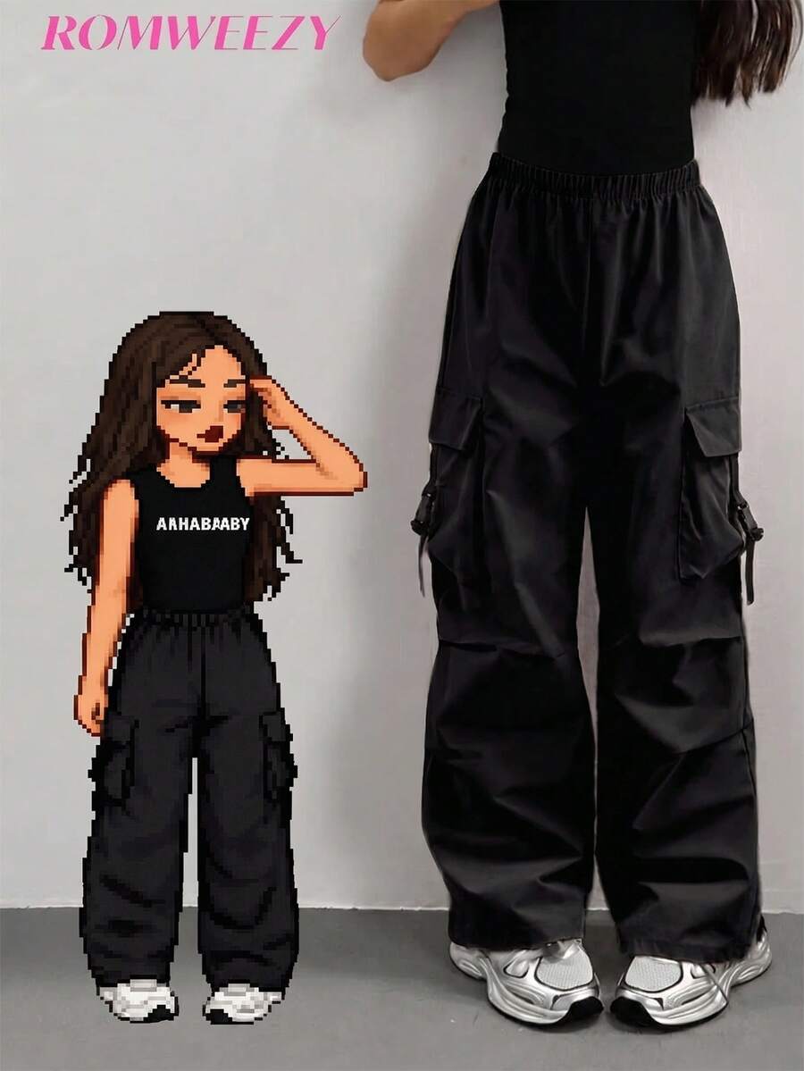 Teen Girls' Fashionable Versatile Solid Color Cargo Pants - Black - View 1