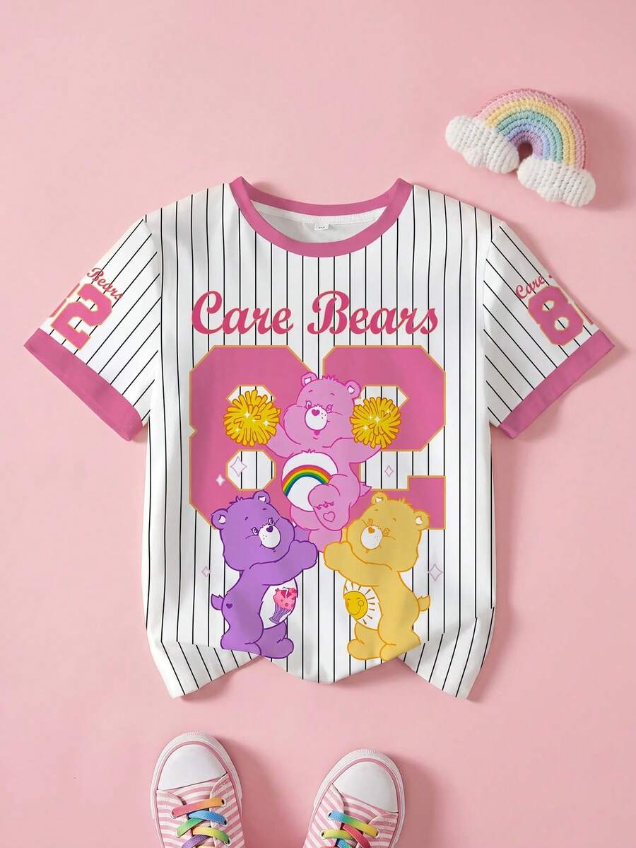 SHEIN X Care Bears 少女休闲条纹小熊印花圆领短袖T恤,夏季 - 白色 - 查看 1