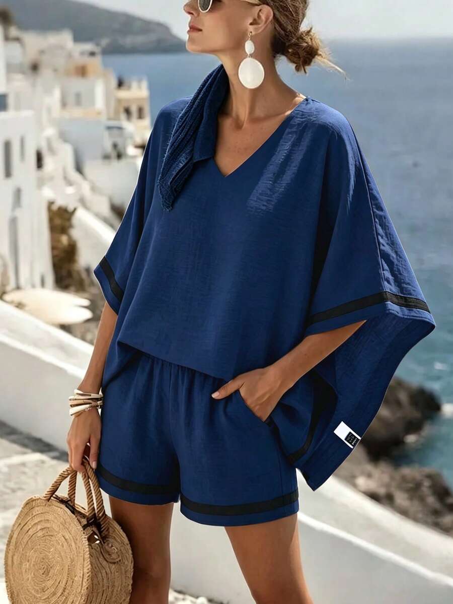 EMERY ROSE Women's Summer Casual Vacation Beach Outfit Bohemian Style V-Neck Contrast Color Short Sleeve Shorts - Navy Blue - View 1