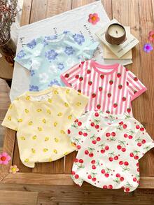SHEIN 4pcs/Set Baby Girl Cute Fruit Print T-Shirts,Pink And White,Summer,Graduation,Short Sleeve Round Neck Tops,Casual Sweet Strawberry Lemon Cherry Tees - Multicolor - View 6