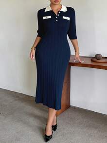 Dazy Plus Gaun Sweater Ukuran Plus Elegan dengan Kerah Kontras Warna, Kantong Palsu, Bodycon Minimalis, Seksi, Menyenangkan, Cocok untuk Perjalanan Musim Semi, Musim Panas, dan Musim Gugur. - Royal Blue - View 1
