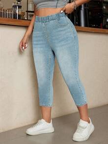 SHEIN ICON Plus Size Women Casual Everyday Commute Minimalist Elastic Waist Skinny 3/4 Length Jeans - Light Wash - View 5