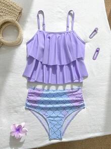 SHEIN 青少年女孩吊帶比基尼套裝，彩色魚鱗圖案印花，荷葉邊飾，適合海灘度假、海灘、夏季 - 彩色 - 查看 1