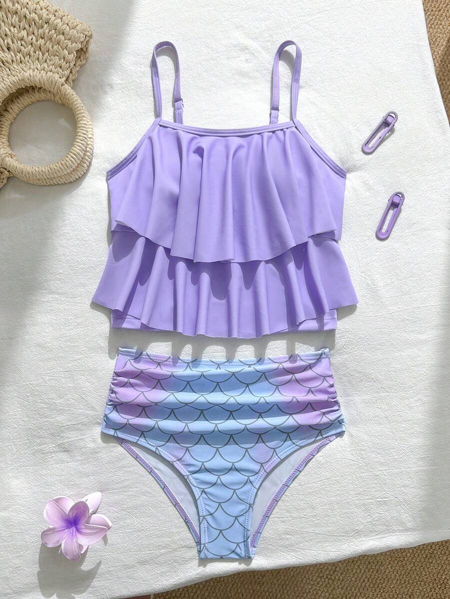 SHEIN 青少年女孩吊帶比基尼套裝,彩色魚鱗圖案印花,荷葉邊飾,適合海灘度假、海灘、夏季 - 彩色 - 查看 1