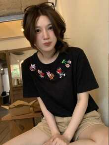 TOM AND JERRY X DAZY 女款圓領卡通聯名短袖休閒可愛印花T恤，可愛上衣，日常外出穿著，黑色夏季款 - 黑色 - 查看 5