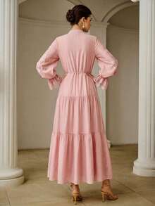 ZEYLAH Gaun Elegan Chiffon Mengkilap dengan Patchwork Renda - Dusty Pink - View 5