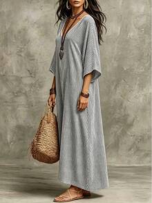 SHEIN Holidaya 女款休閒優雅度假條紋亞麻棉混紡洋裝 - 黑色 - 查看 5