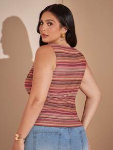 SHEIN BAE CURVE 大尺碼女款休閒條紋背心，夏季 - 彩色 - 查看 2