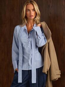 COSMINA Women's Casual French Commute Office Blue And White Stripe Tie Waist Blouse Summer - Blue - View 4
