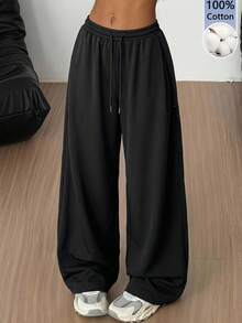SHEIN EZwear 黑色針織女款抽繩腰寬腿寬鬆運動長褲 - 黑色 - 查看 4