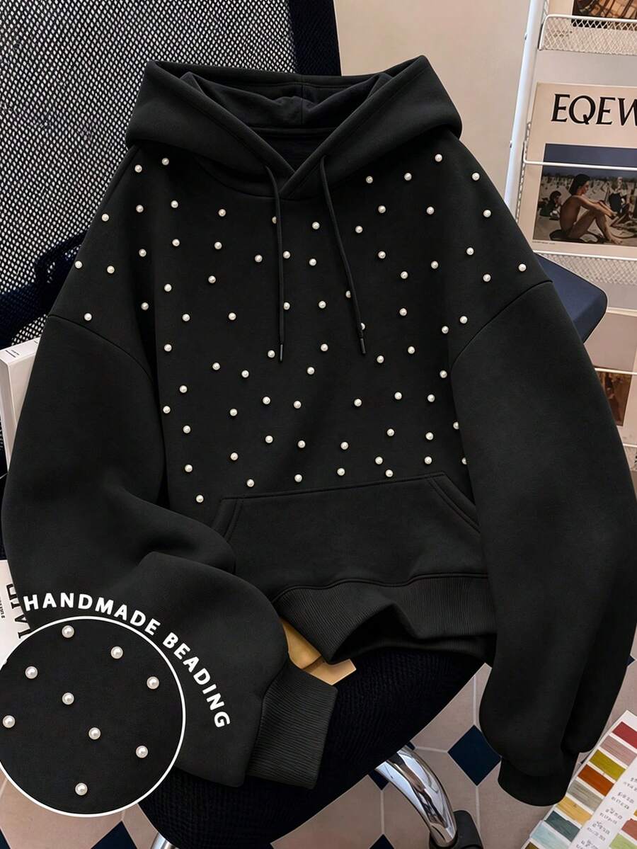 EMERY ROSE Pearl Decorated Hooded Long Sleeve Fashion Casual Daily Plus Size Sweatshirt - Black - View 1