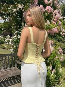 Glamine Charm Women's Summer Elegant Solid Color Jacquard Tank Top - Light Yellow - View 2