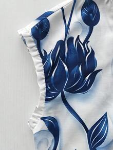 SHEIN Franclia 女款春夏法式復古荷葉邊圓領單排扣無袖襯衫，寬鬆休閒風，適合早午餐度假，白色花卉 - 彩色 - 查看 6