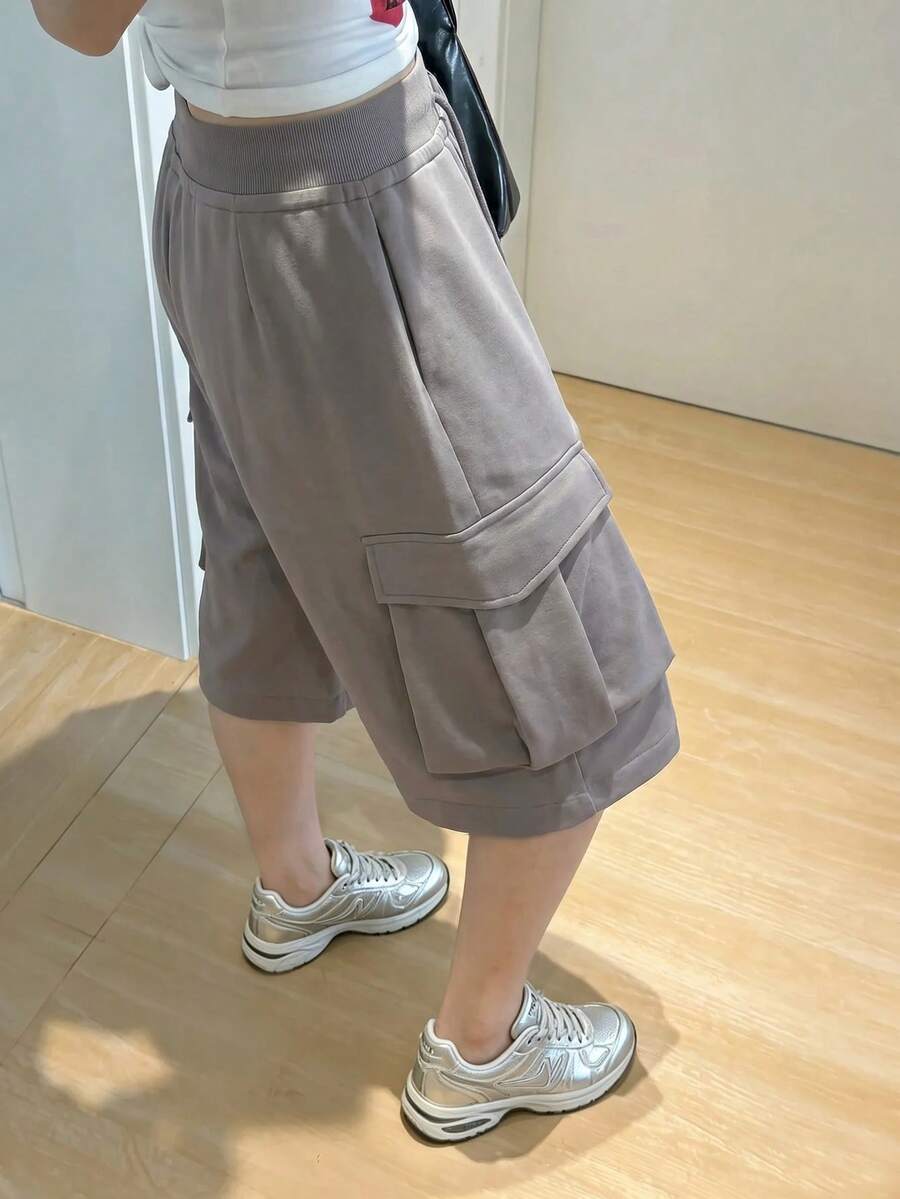 K-Vae 美式工裝風女款寬腿褲,夏季寬鬆高腰大口袋七分褲,休閒直筒短褲,大尺碼 - 灰色 - 查看 1