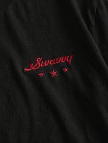 SWAVVY 男士夏季休閒標準尺寸寬鬆白色短袖T恤，正反面印花與刺繡 - 黑色 - 查看 8
