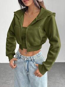 SHEIN PETITE Mujer unicolor Cremallera Delantera Manga Larga Bolsillo - Verde militar - Ver 5