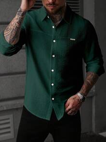 Manfinity CasualCool Men's Solid Color Single-Breasted Shirt, Structured Micro-Texture - Dark Green - View 5