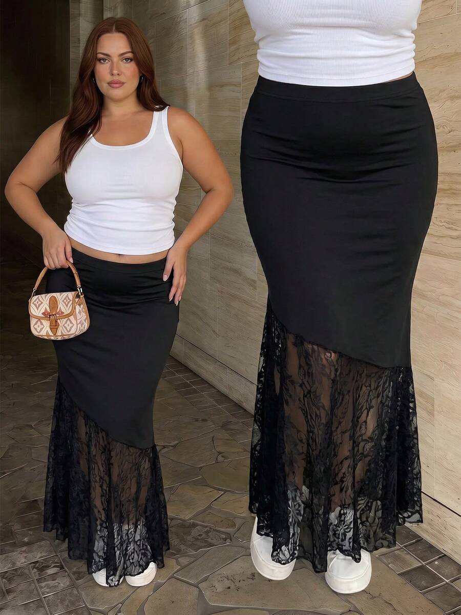 SHEIN MOD Falda de talla grande con patchwork de encaje, cola de pez y bajo asimétrico - Negro - Ver 1