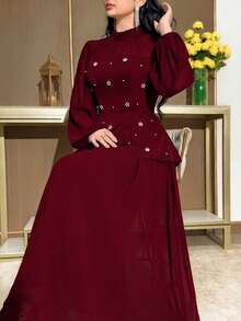 Modelyn Plus Size Women's Spring/Autumn Formal Elegant Stand Collar Lantern Sleeve Faux Pearl Decor Peplum Waist Pleated Hem Dress Evening Wedding Burgundy - Burgundy - View 3