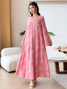 Al Najma 女款優雅V領提花飾邊蕾絲拼接長袖大裙擺阿拉伯風洋裝 - 粉色 - 查看 7