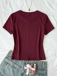 SHEIN Tween女孩純色休閒百搭日常短袖T恤 - 酒紅色 - 查看 2