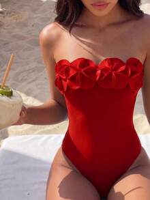 Swim Chiccia Swim Chicsea 女款純色平口 3D 花朵連身泳衣，適合夏季海灘度假 - 紅色 - 查看 7