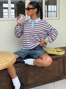 Muchica Multi-Color Striped Women's Button Half-Placket Long Sleeve Sweater - Multicolor - View 6