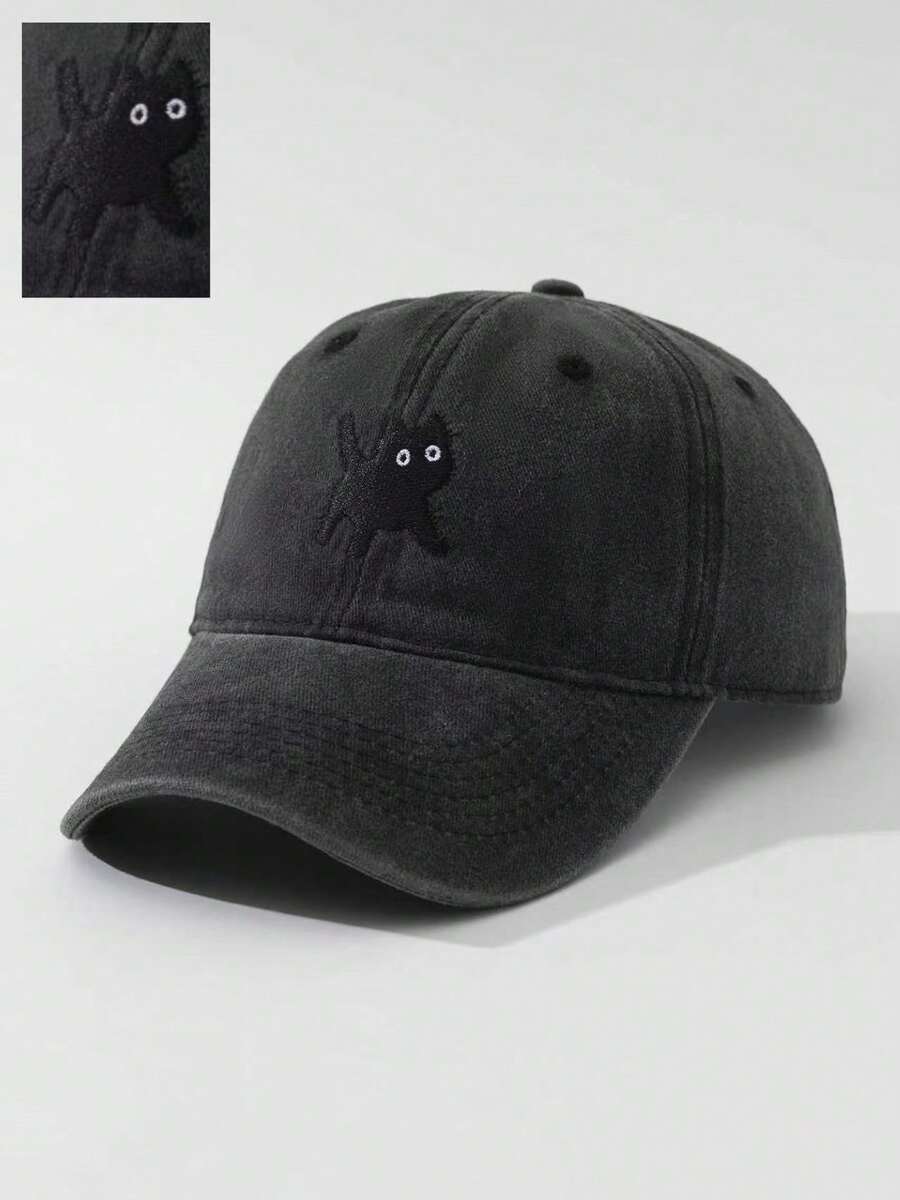 ROMWE Kawaii 1 Lady Cat Embroidered Washed Baseball Cap Outdoor Adjustable Retro Hip Hop Cap - Black - View 1