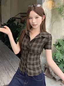 DAZY 女士夏季纯色翻领修身短袖白色衬衫 - 粉色 - 查看 6