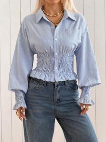 SHEIN EZwear 女款休閒法式優雅海濱風通勤城市度假辦公室藍白條紋抓皺腰上衣 教師節秋季 - 藍色 - 查看 4