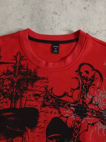 ROMWE MEN Men's Colorblock Patchwork Gothic Print T-Shirt - Red - View 5