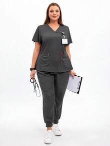 TaskEZ Scrub Tops For Women - Sweetheart V-Neck Scrub Top ,Women Short Sleeve V-Neck Nurse Uniform - Grey - View 5