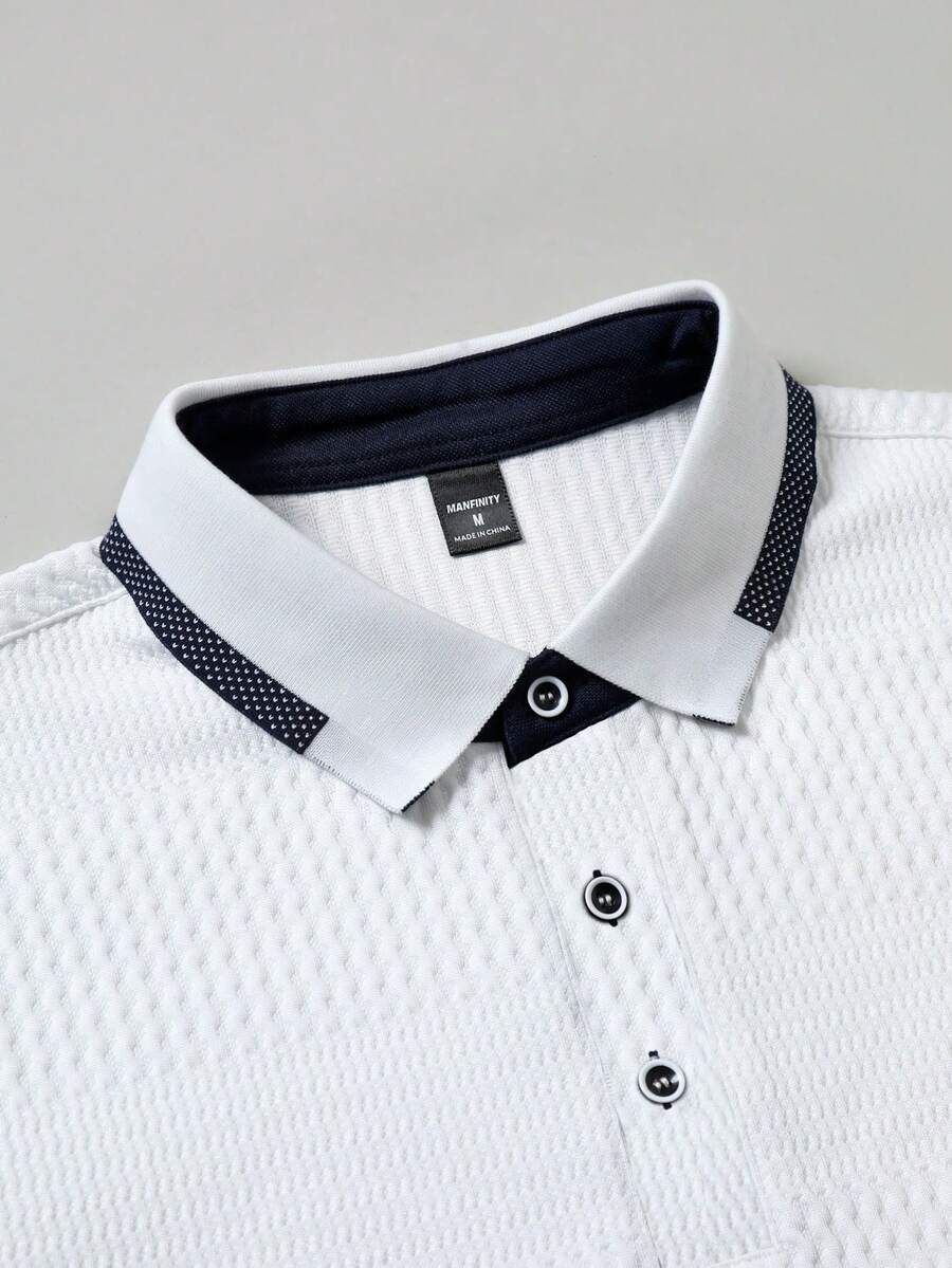 Manfinity Homme Men's Knitted Jacquard Texture Splicing Contrast Collar 3-Button Collar & Cuff Ribbed Polo Shirt, Formal - White - View 1
