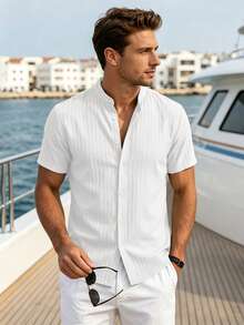 VENTUSAIL Men's Solid Colour Casual Short-Sleeve Shirt, Summer Vacation, Vintage Style For Men - White - View 7