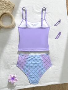 SHEIN 青少年女孩吊帶比基尼套裝，彩色魚鱗圖案印花，荷葉邊飾，適合海灘度假、海灘、夏季 - 彩色 - 查看 2