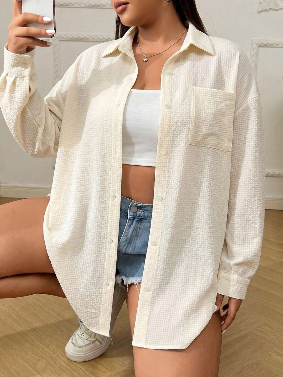 SHEIN EZwear 大尺碼女款素色單排扣休閒百搭日常出遊襯衫 - 杏色 - 查看 1