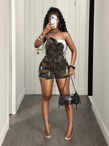 BamGleam 女款戶外通勤街頭風春夏迷彩做舊軍綠色牛仔連身褲 - 軍綠色 - 查看 7