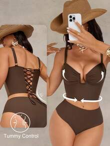 Shapewave Women's Brown Push-Up Tummy Control Back Drawstring Backless Vacation Slimming Camisole Bikini Top - Brown - View 3