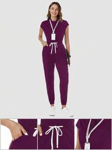 TaskEZ Mono uniforme de enfermería de unicolor con manga corta, bolsillo y cintura con cordón - Morado - Ver 7