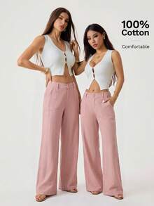 SHEIN Tall 100 Washed Cotton Low Waist Straight Pants Vacation Dusty Pink Summer Casual - Pink - View 2