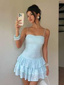 Aloruh Women's Textured Multi-Layer Cake Ruffle Cami Romper Vacation Club Light Blue Summer Sexy Cute - Apricot - View 1