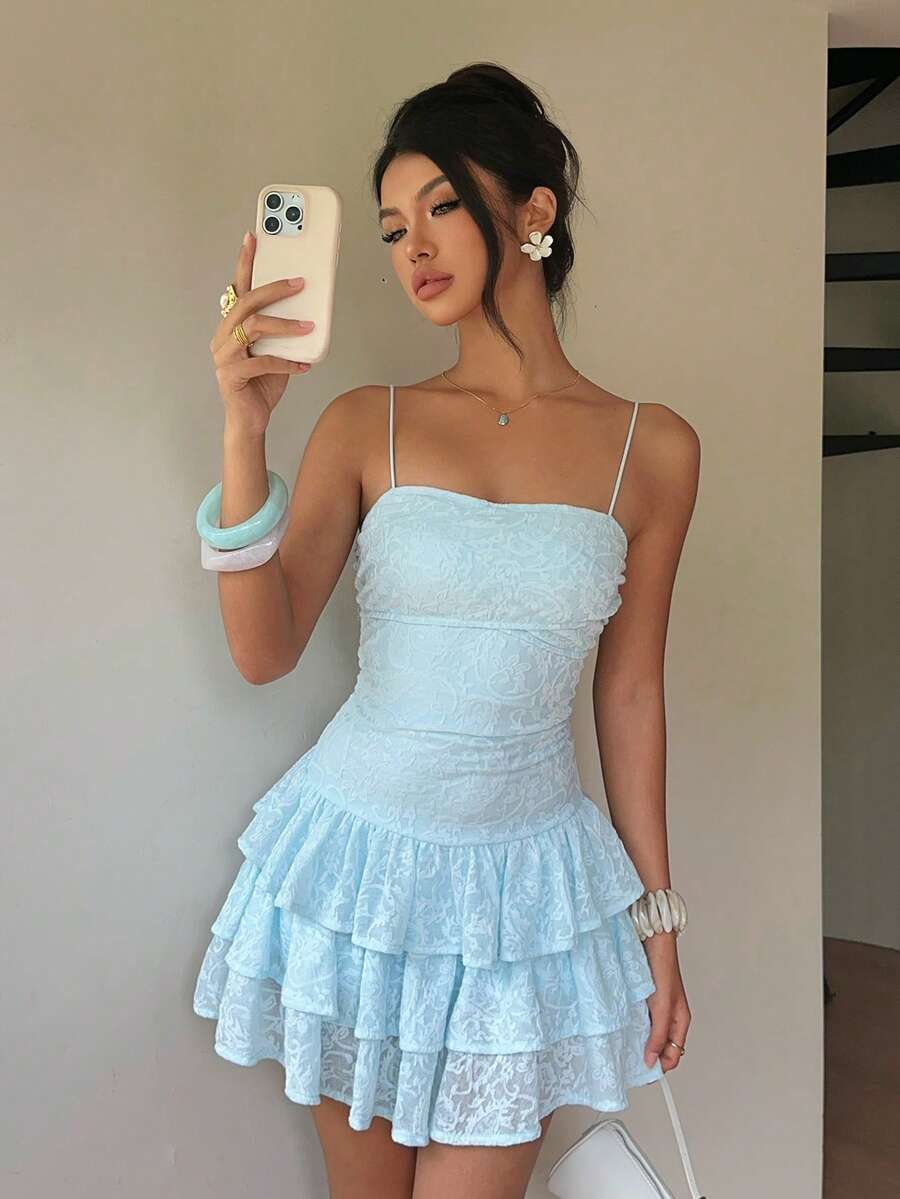 Aloruh Women's Textured Multi-Layer Cake Ruffle Cami Romper Vacation Club Light Blue Summer Sexy Cute - Apricot - View 1