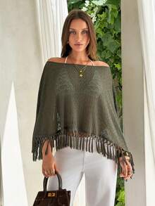 Firerie Women's Casual Tropical Solid Color Tassel Hem Top For Vacation Beach Vacation Olive Green Autumn - Apricot - View 8