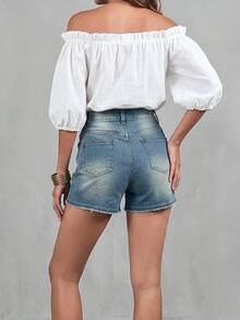 Balvessa Vacation Outfits Light Blue Frayed Casual Versatile Button Pocket Cuffed Hem Pleated High Waist A Line Outing Denim For Women - Medium Wash - View 2